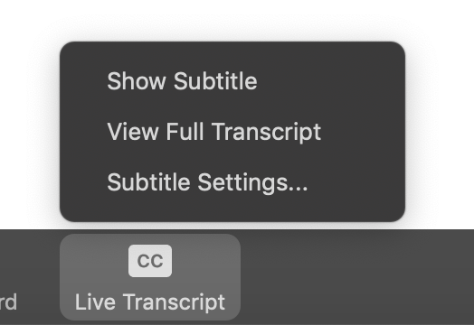 Screenshot of options for starting or managing subtitles and transcripts
