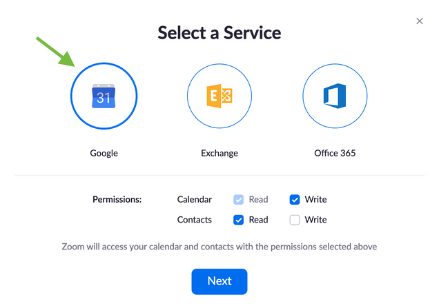 Screenshot of service selection with Google highlighted