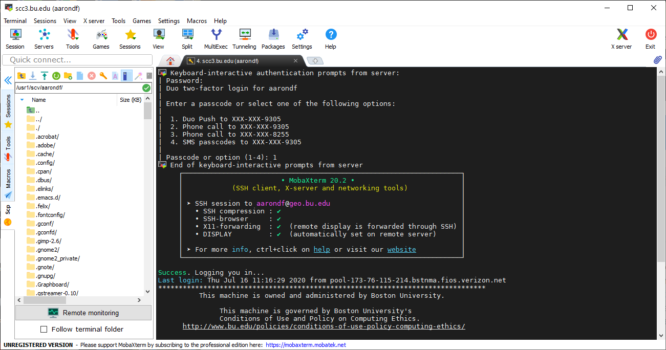 Screenshot of logging in to scc3/geo with Duo enabled
