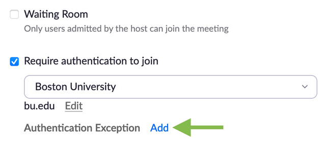 Screenshot of option for adding authentication exception