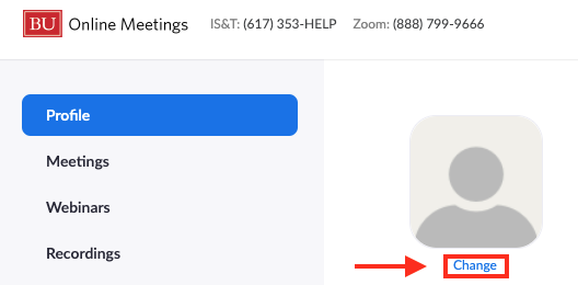 Zoom profile screen showing the Change profile picture button