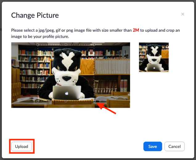 Zoom profile picture upload screen