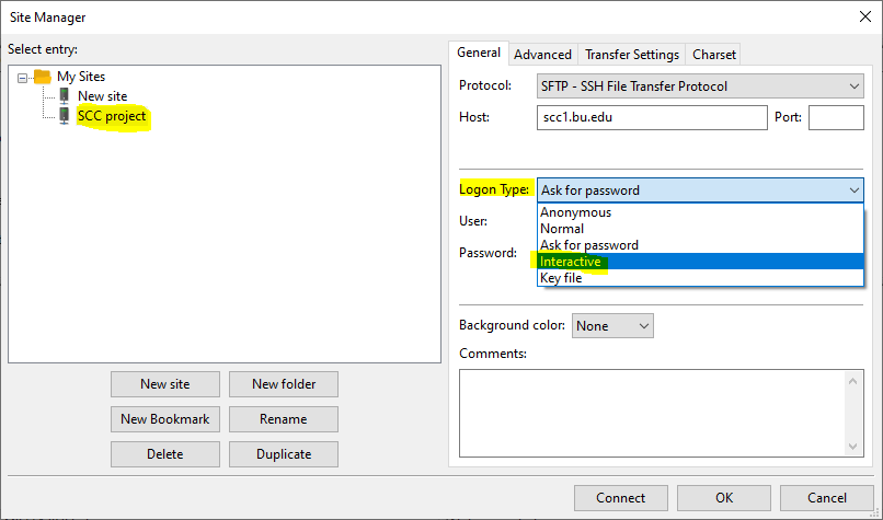 For the Interactive Logon, select SCC Interface & input BU login.
