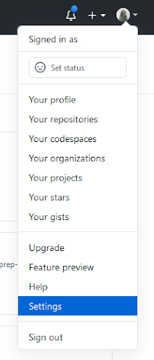 From the GitHub interface, users click the avatar in the top right corner. Then, select Settings from the dropdown menu.