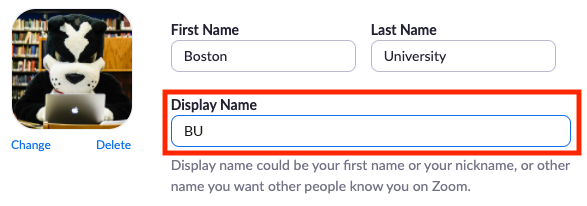 Zoom profile edit screen, highlighting the Display Name text box.
