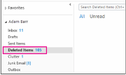 Screenshot of Outlook with Deleted Items folder highlighted