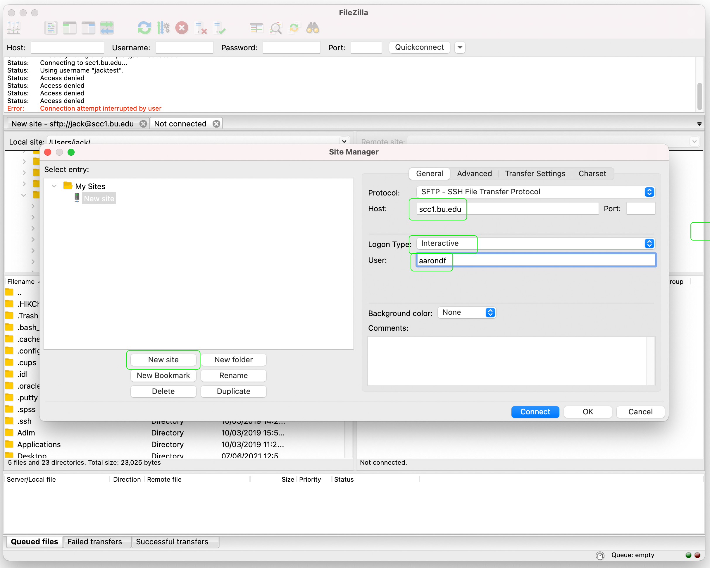In the gray box, fill in the three labeled boxes on the right with "scc1.bu.edu" as host, "Interactive" as Logon Type, and your BU login name.  Click "New Site" on the left.