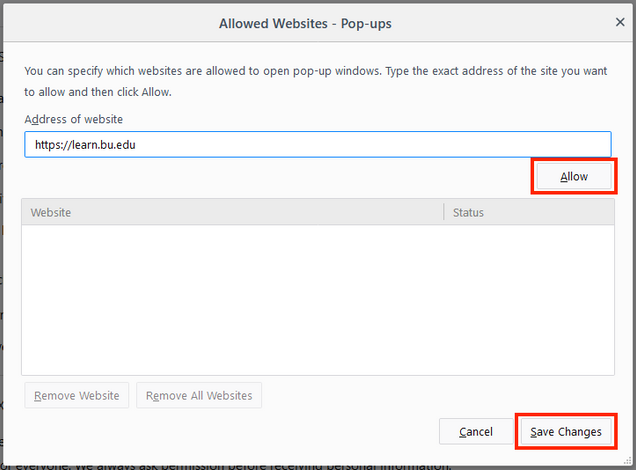 Allowed websites pop-ups setting window in Firefox