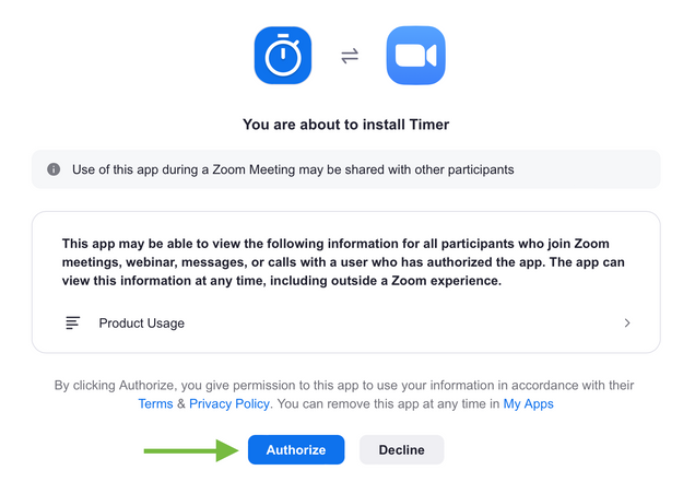 Screenshot of a Zoom App's permissions over with an arrow pointing to the Authorize button