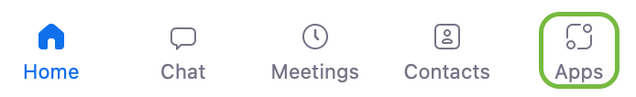 Screenshot of the Zoom app interface menu bar with the Apps item highlighted