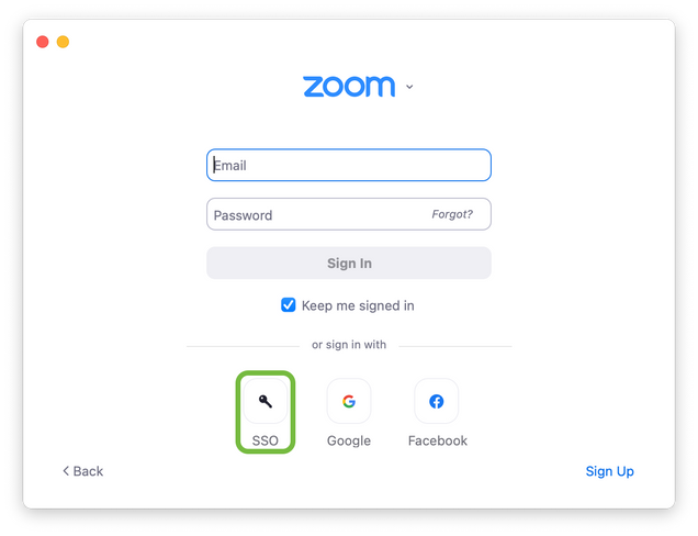 Screenshot of the Zoom sign in interface on macOS. The SSO button at the lower left is highlighted.