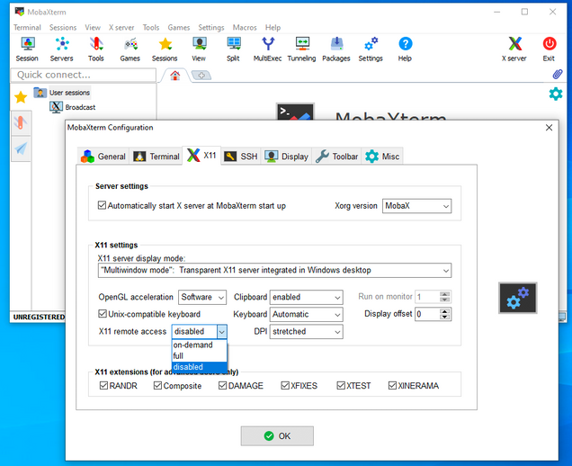 MobaXterm X11 Settings
