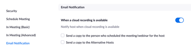 Screenshot of the Zoom options page, showing the setting to turn notification of cloud recording availability on or off. Additional recipient options are displayed below the setting.