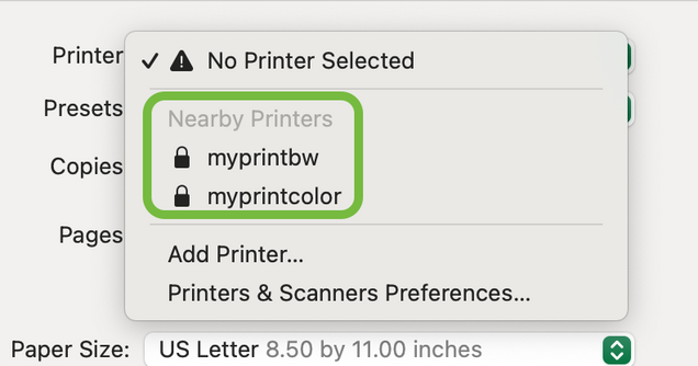 Screenshot of the macOS printer list. The Nearby Printers section is highlighted and shows two options: myprintbw and myprintcolor