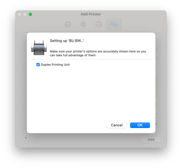 Screenshot showing the setting up printer modal. The Duplex Printing Unit checkbox is checked.