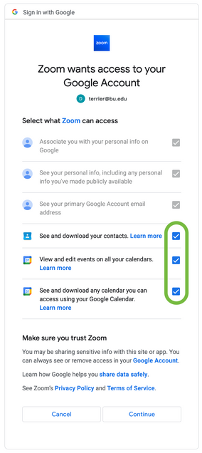 Screenshot of Google permissions page for the Zoom integration. All available checkboxes are filled.