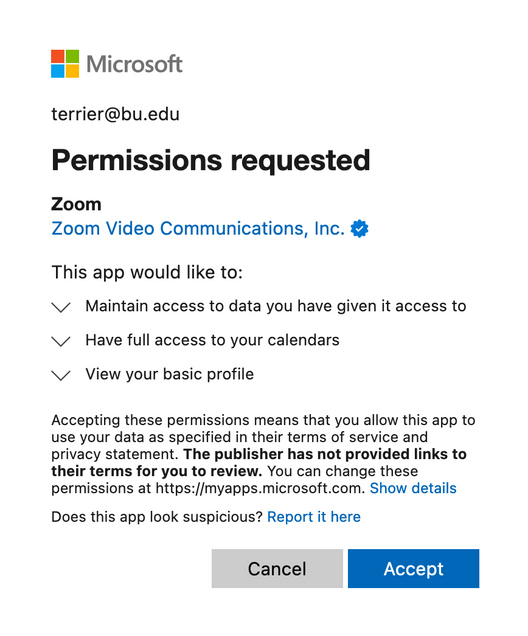 Screenshot of the permissions page when authorizing Zoom to access your Outlook calendar.