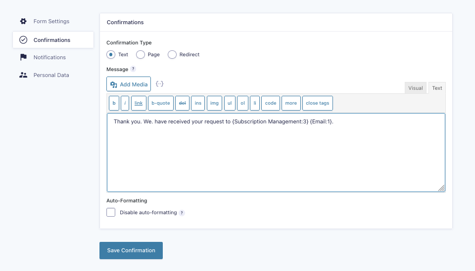 Add confirmation for form