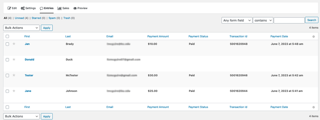 Admin View of Form Entries with columns: First, Last, Email, Payment Amount, Payment Status, Transaction ID, Payment Date