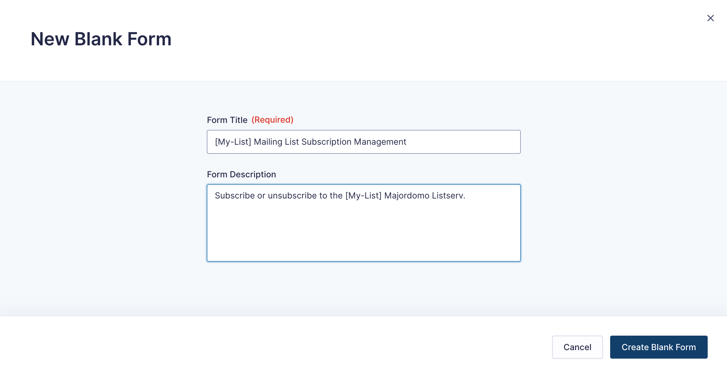 New Blank Form with Form Title and Description for Subscription Management form