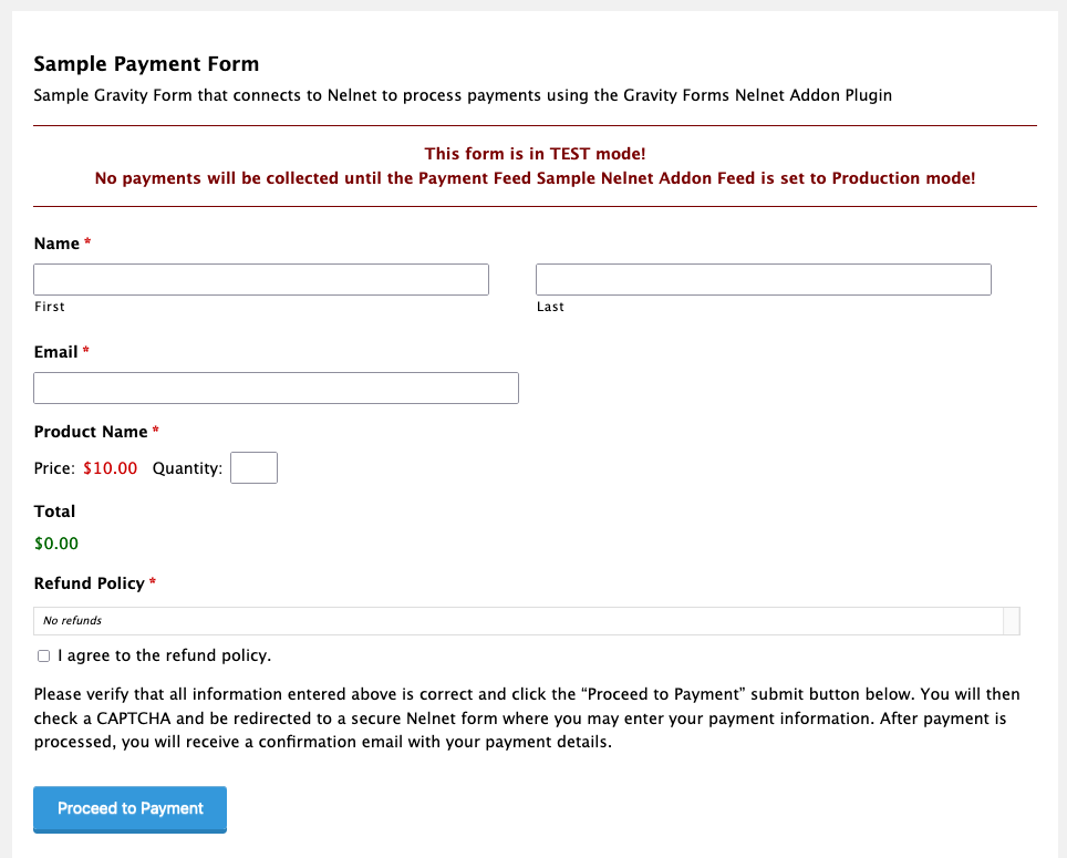 Sample Gravity-Nelnet Payment Form with Name, Email, Product, Total, Refund Policy and Proceed to Payment fields