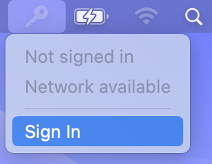 Screenshot of the macOS Kerberos SSO extension menu item. The Sign In option is highlighted.