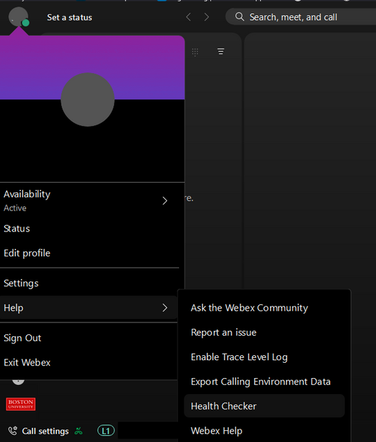 Webex for windows. Click your initials, then help, then Health Checker.