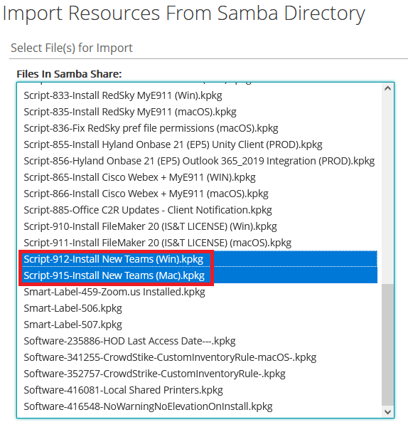 Screenshot of importable KACE packages with Script-912-Install New Teams (Win) and Script-915-Install New Teams (Win) selected
