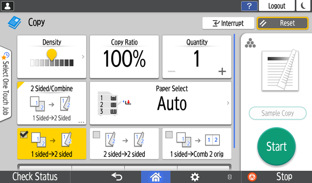 Screenshot of the Ricoh copy UI