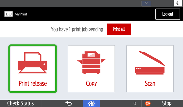 Screenshot of the MyPrint Ricoh function screen after logging in. The Print release button on the left side is highlighted.