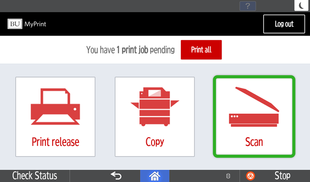 Screenshot of the MyPrint Ricoh function screen after logging in. The Scan button on the right side is highlighted.