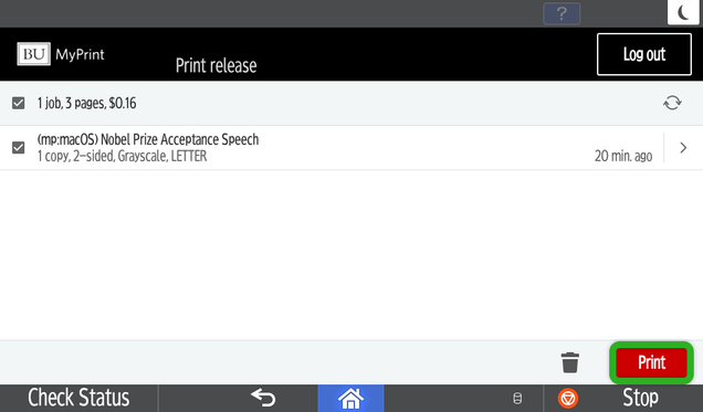 Screenshot of the MyPrint Ricoh print release UI showing available documents to print. A document is selected and the Print button at the lower right is enabled and highlighted.