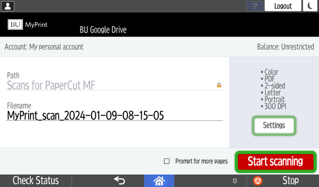 Screenshot of the MyPrint Ricoh scan UI, showing filename, settings, and start scan button.