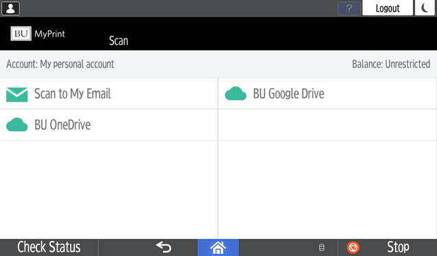 Screenshot of the MyPrint Ricoh Scan UI showing the available destinations for a scan.