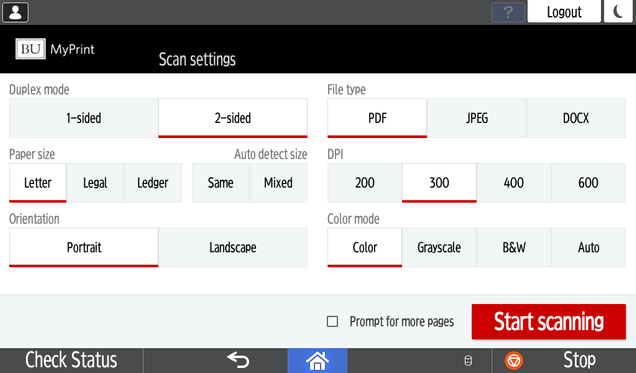Screenshot of the MyPrint Ricoh Scan options UI