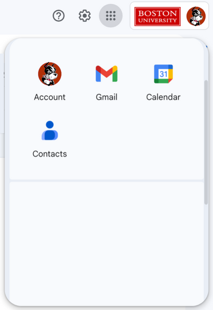 A representation of BU Alumni Google Workspace with icons of Gmail, Calendar, and Contacts