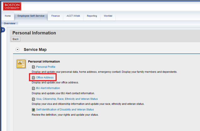 Screenshot of BUWorks highlighting "Office Address"