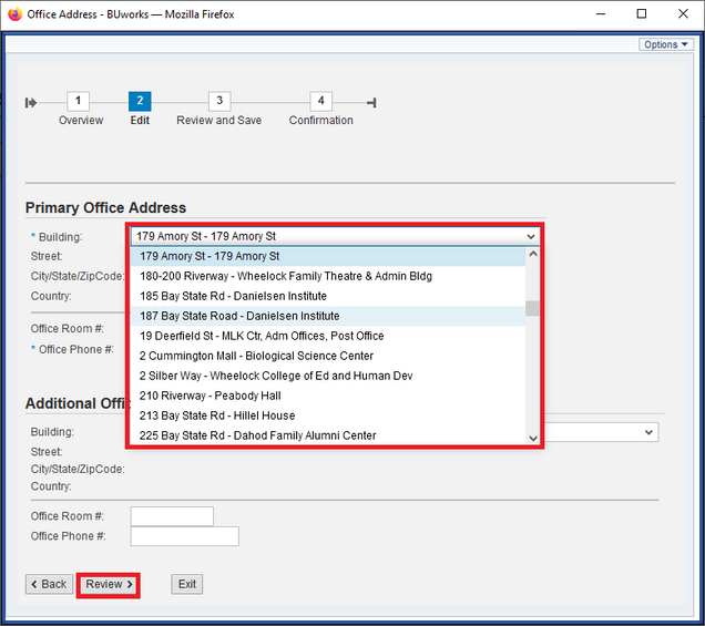 Screenshot of BUWorks display Building selection pulldown