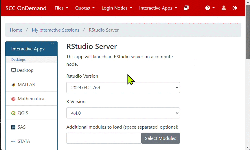 An animated GIF showing the SCC OnDemand job request for for RStudio Server. The form is already filled out, the mouse scrolls the page down to the bottom of the form and clicks on "Launch". The page changes to the "My Interactive Session" page where the RStudio Server job just submitted is shown to be in the "Queued" state. The job state changes to "Starting" and then "Running". The mouse then moves to the "Connect to RStudio Server" button and clicks it. The page then changes showing the RStudio Server page.