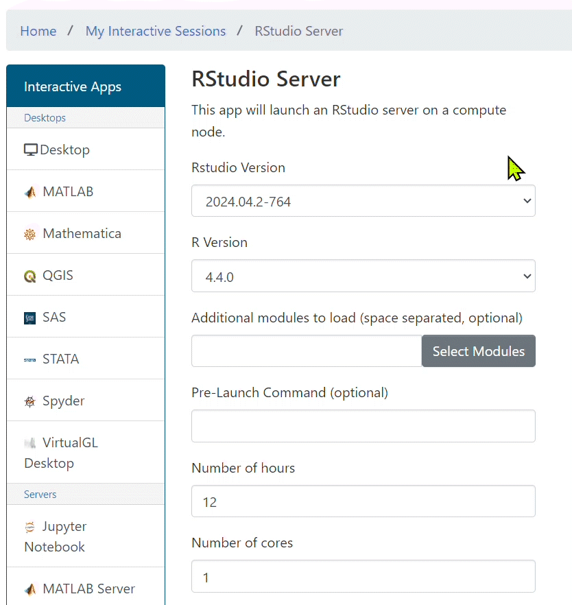 An animated GIF showing the OnDemand job request form for RStudio Server. The mouse moves to the "RStudio Version" drop down menu and selects versions "2024.04.2-764". The mouse then selects R version 4.4.0 for field "R Version. Finally, the mouse moves down to the form to and clicks on "Number of hours" and "Number of cores" text fields. The default values of 12 hours and 1 core is left as is.