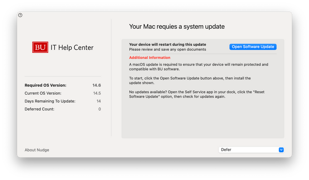 Screenshot of the Nudge UI, showing the button to launch Software Update, defer, and learn more.