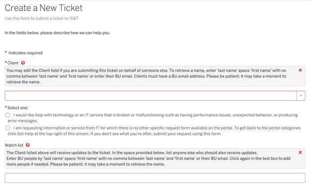ServiceNow Create New Ticket page showing field to enter client's name