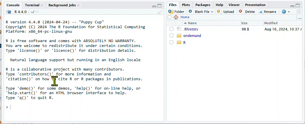 An animated GIF showing the bottom half of the RStudio Server window, with the "console" tab showing on the left pane and the "Files" tab showing on the right pane. The mouse moves to the Console pane and click on the prompt. Then the command 'setwd("/projectnb/scv/milechin/r_code/")' is executed to set the working directory. The mouse then moves to the "Files" pane on the right and clicks on the blue gear icon and from the menu selects "Got to working directory" option. The "Files" pane updates and shows the contents of directory "/projectnb/scv/milechin/r_code/".