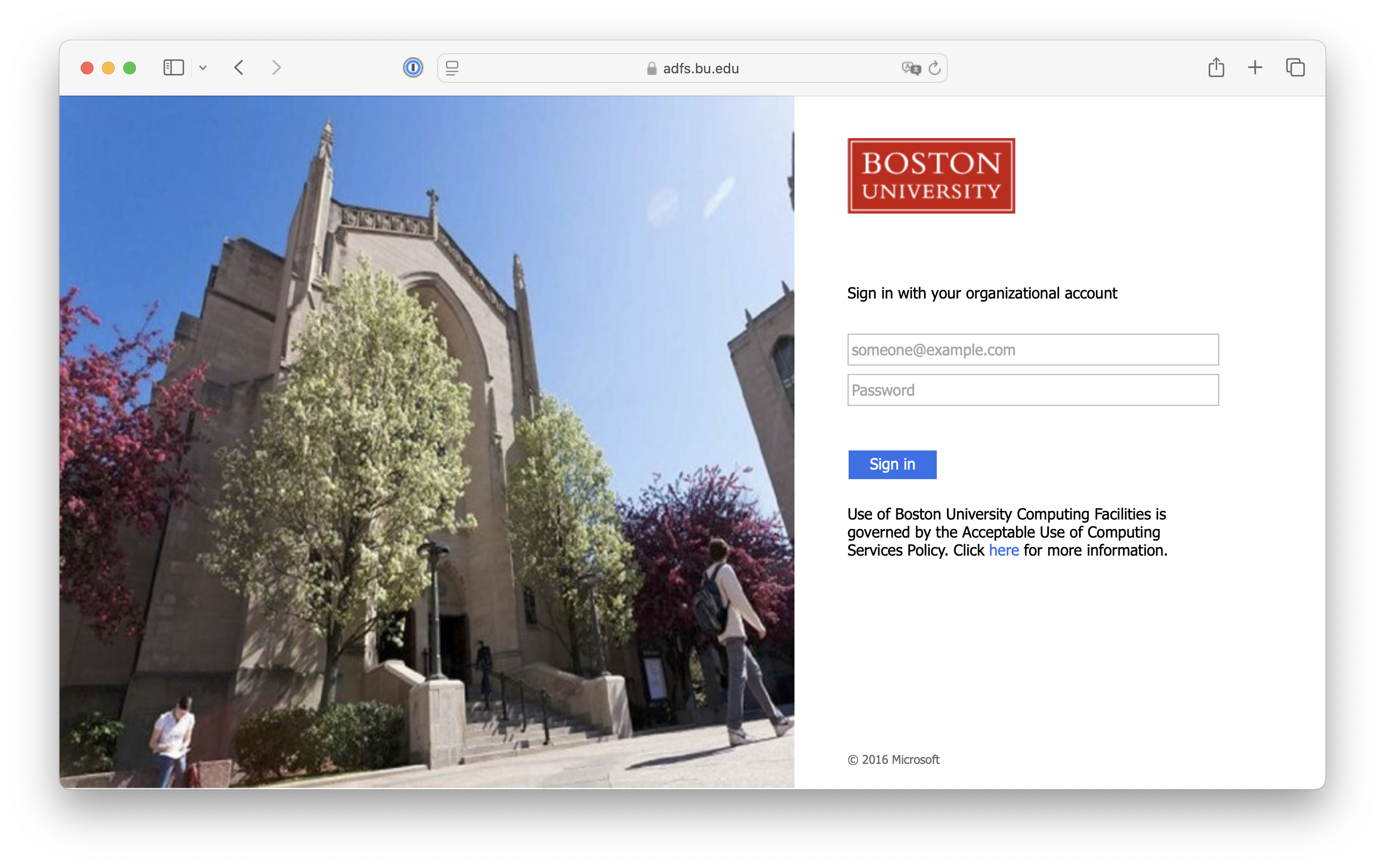 Screenshot of the legacy ADFS login experience