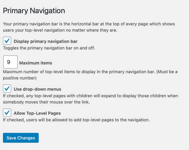 Screenshot showing primary navigation bar options in the WordPress interface