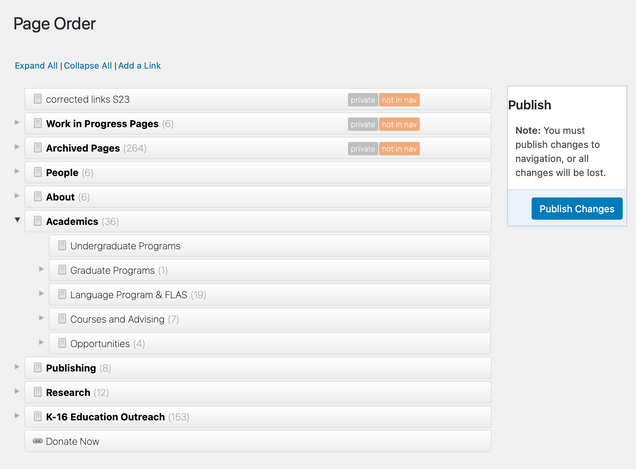 WordPress screenshot of drag-and-drop page ordering interface to manage the page hierarchy
