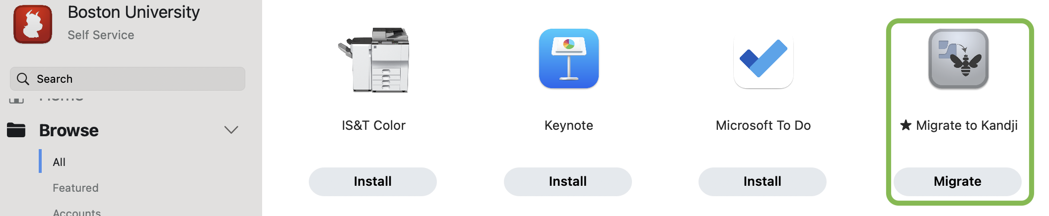Screenshot of Jamf Self Service. The Migrate to Kandji option is highlighted.