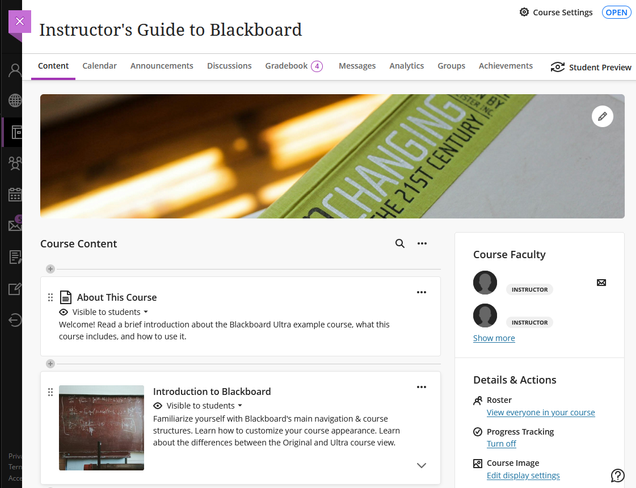 Screenshot of an example Blackboard Ultra course.