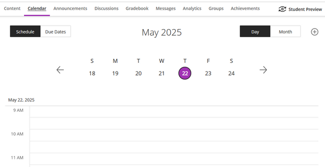 Full-size view of the Calendar screen in a course.