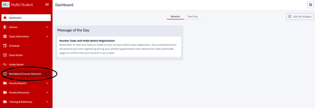 MyBu Student sidebar with blackboard course selection sidebar item indicated